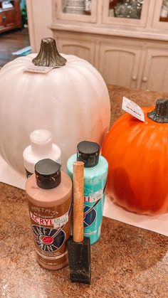 the counter is clean and ready to be used for decorating with pumpkins in the background