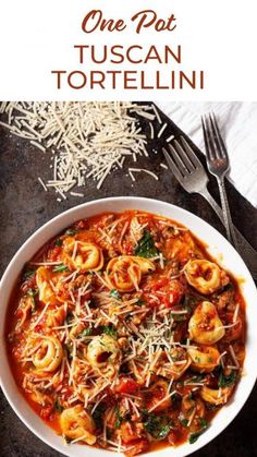 one pot tuscan tortelli with shrimp and spinach in a tomato sauce