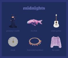 an image of the words midnight nights written in different languages on a blue background with various items