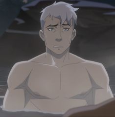 an anime man with no shirt on in the water looking at something off to the side