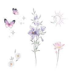 watercolor flowers and butterflies on a white background with the sun in the sky behind them