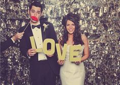 a collage of people posing for pictures in front of a sequin wall with the word love written on it