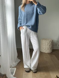 Summer outfits - neutral outfits - crewneck sweater - linen pants outfit ideas - casual cute outfits - outfits of the week Linen Pant Fall Outfit, Fall Outfits With Linen Pants, Cozy Church Outfit Winter, Sweater Linen Pants, Modest Linen Pants Outfit, White Jeans And Sweater Outfit, White Sweater Winter Outfit, White Drawstring Pants Outfit