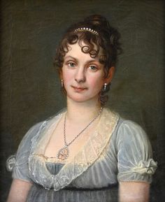 a painting of a woman with curly hair wearing a white dress and pearls on her head