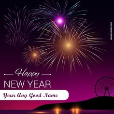 happy new year greeting card with fireworks and ferris wheel on the water at night time