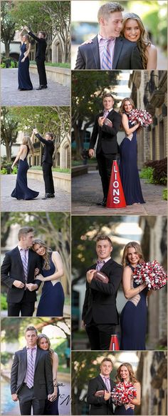 a man and woman posing for pictures in front of a building with their arms around each other