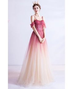 Buy Tulle Ombre Red With Champagne Aline Long Prom Dress With Straps at wholesale price online. Free shipping and pro custom service since 2009. Navy Ball Dresses, Prom Dress Inspo, Ombre Prom Dresses, Ombre Dress, Special Clothes, Red Ombre, Evening Dress Fashion, Engagement Dresses, Princess Style