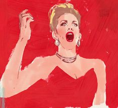 a painting of a woman in a red dress with her mouth open and hands up