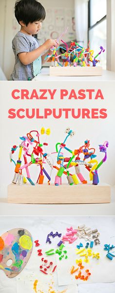 Make Crazy Pasta Sculptures! A fun art and building project for kids that also helps with fine motor skills. Classe D'art, Project For Kids, Kindergarten Art, Toddler Art, Fun Art, Preschool Art, Art Classroom, Elementary Art