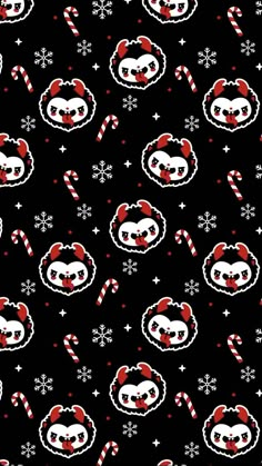 a black background with candy canes and skulls in the center, on top of snowflakes