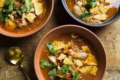 two bowls of soup with tofu, chicken and cilantro garnishes