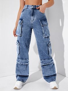 Lavagem Média  Collar  Jeans Simples Perna reta Embellished Não elástico Bag Jeans, Denim Decor, Denim Cargo Pants, Jeans Cargo, Denim Patterns, Jean Overalls, Floral Pants, Overalls Women, Type Of Pants