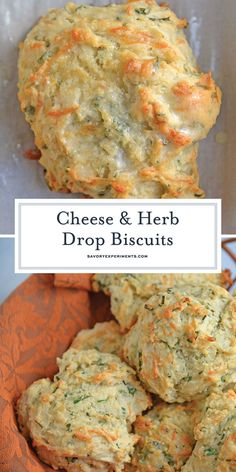 cheesy and herb drop biscuits on an orange plate with the title above it