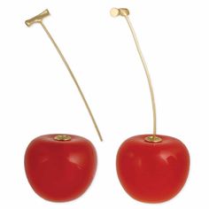 two red cherries with gold tips on white background, one is larger than the other