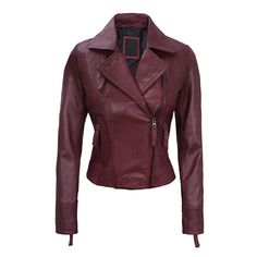 Redefine your wardrobe with our Women's Maroon Biker Leather Jacket. This striking jacket, in a deep shade of maroon, combines the bold asymmetry of biker jackets with the luxury of real leather. Tailored to accentuate the modern woman's charisma, this piece is an impeccable blend of edge and elegance. Specification: 100% Real Lambskin Leather. Colour: Waxed Maroon. Style: Biker. Lining: Internal full lined with soft polyester lining . Collar: Asymmetrical collar with smooth zip YKK closure. Poc Chic Fitted Burgundy Biker Jacket, Burgundy Leather Jacket With Zipper For Winter, Fitted Burgundy Biker Jacket With Zipper, Fitted Burgundy Biker Jacket With Zipper Closure, Burgundy Leather Winter Outerwear, Burgundy Leather Jacket With Zipper For Fall, Burgundy Leather Jacket With Long Sleeves, Burgundy Leather Jacket For Work, Fall Burgundy Leather Jacket With Zipper Closure