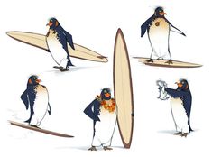 the penguins are standing on surfboards in different poses