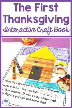 the first thanksgiving interactive craft book with pictures and words on it, including an image of a