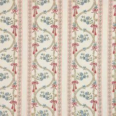 an old fashioned wallpaper with blue flowers and red bows on white background, in the style