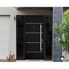 two pictures of the same door and one has a plant in front of it, both side by side