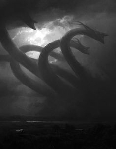 an artistic black and white photo of two giant dragon heads in the sky with dark clouds behind them