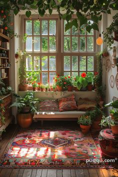 a living room filled with lots of plants and potted plants on the windowsill