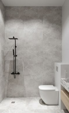 a white toilet sitting next to a sink in a bathroom under a shower head mounted on a wall