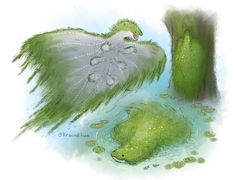 an illustration of two green birds in the water and one is laying on its back