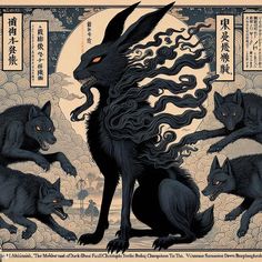 three black wolfs in front of a full moon with chinese writing on the background