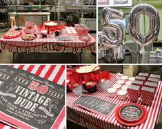 the table is decorated with red and white striped cloths, silver foil balloons, and an old - fashioned 50 year anniversary sign