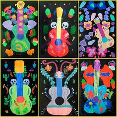 four pictures of colorful guitars with skulls and flowers on them, all painted in different colors