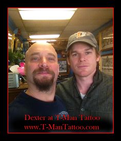 two men are taking a selfie in an office setting with the caption dexter at t - man tattoo