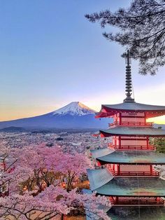 the view of mount fuji in the distance with cherry blossoms on trees and buildings around it