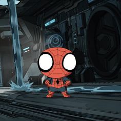 a spider - man standing in the middle of a train station with his eyes wide open