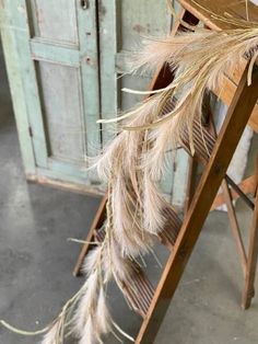 an old ladder with some feathers on it