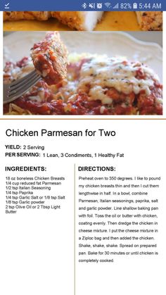 the menu for chicken parmesan for two