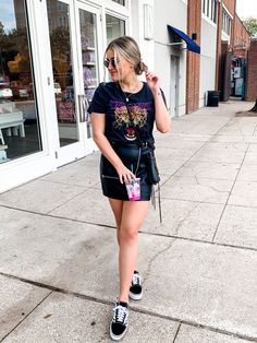 Black Skirt Vans Outfit, Leather Skirt Band Tee Outfit, Leather Skirt With Sneakers, Graphic Tee Leather Skirt, Vans Outfit Womens, Def Leppard Love Bites, Band Tee Outfits, Hipster Clothes, Skirts With Sneakers