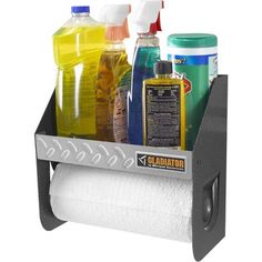 a metal holder with bottles and toilet paper on it's sides, holding several different types of cleaning products