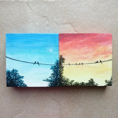 two paintings of birds sitting on a wire at sunset and the sky is painted with acrylic paint