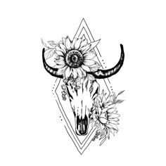 a bull skull with sunflowers on it's face and an arrow in the middle