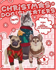 two dogs wearing sweaters standing next to each other in front of a red background