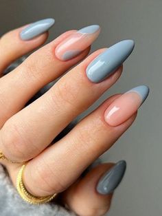 24pcs Short Almond Pale Blue French Fake Nail False Nails Press On Nails Glue On Her Nails, Makijaż Smokey Eye, Elegant Nails, Chic Nails, Short Acrylic Nails, Nail Arts, Cute Acrylic Nails, Acrylic Nail Designs, Blue Nails