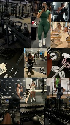 a collage of photos showing people working out and doing different things in the gym