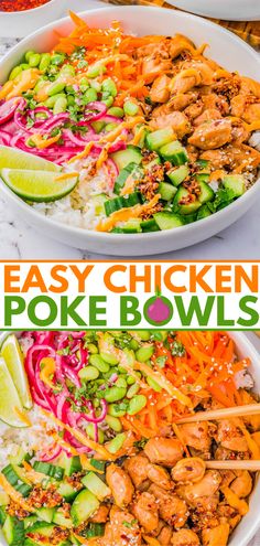 chicken poke bowls with chopsticks and veggies in the bowl are ready to be eaten