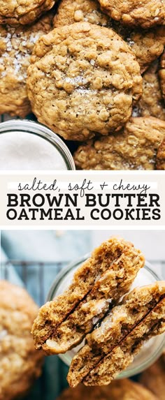 two pictures of cookies with the words brown butter oatmeal cookies above them