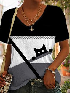 Cat Print Casual Short Sleeve T-Shirt Cheap Clothing, Women T Shirts, Cheap Clothes, Cat Print, Clothing Women, Shirt Outfit, Half Sleeves, Casual Tops, Casual Women