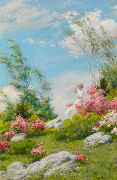 a painting of a woman in a white dress on a hill surrounded by pink flowers