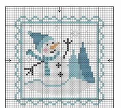 a cross stitch pattern with a snowman in the center and a blue frame around it