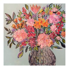 a painting of pink and orange flowers in a vase