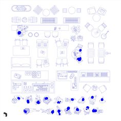 a blueprint drawing of living room furniture and accessories on a white background with text