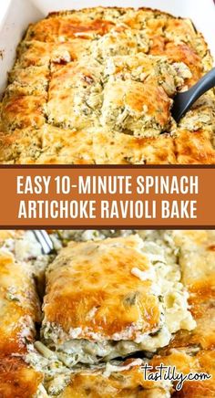 an easy 10 minute spinach artichoke ravioli bake in a white casserole dish